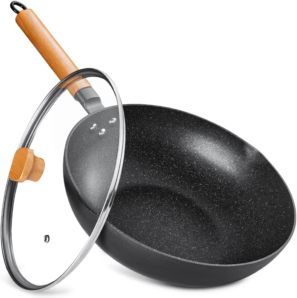 Nonstick Wok Pan with Lid, 12 Inch Non Stick Wok Stir Fry Pan with  Ergonomic Handle and Unique Cover Beads, 100% APEO and PFOA Free Suit for  Gas