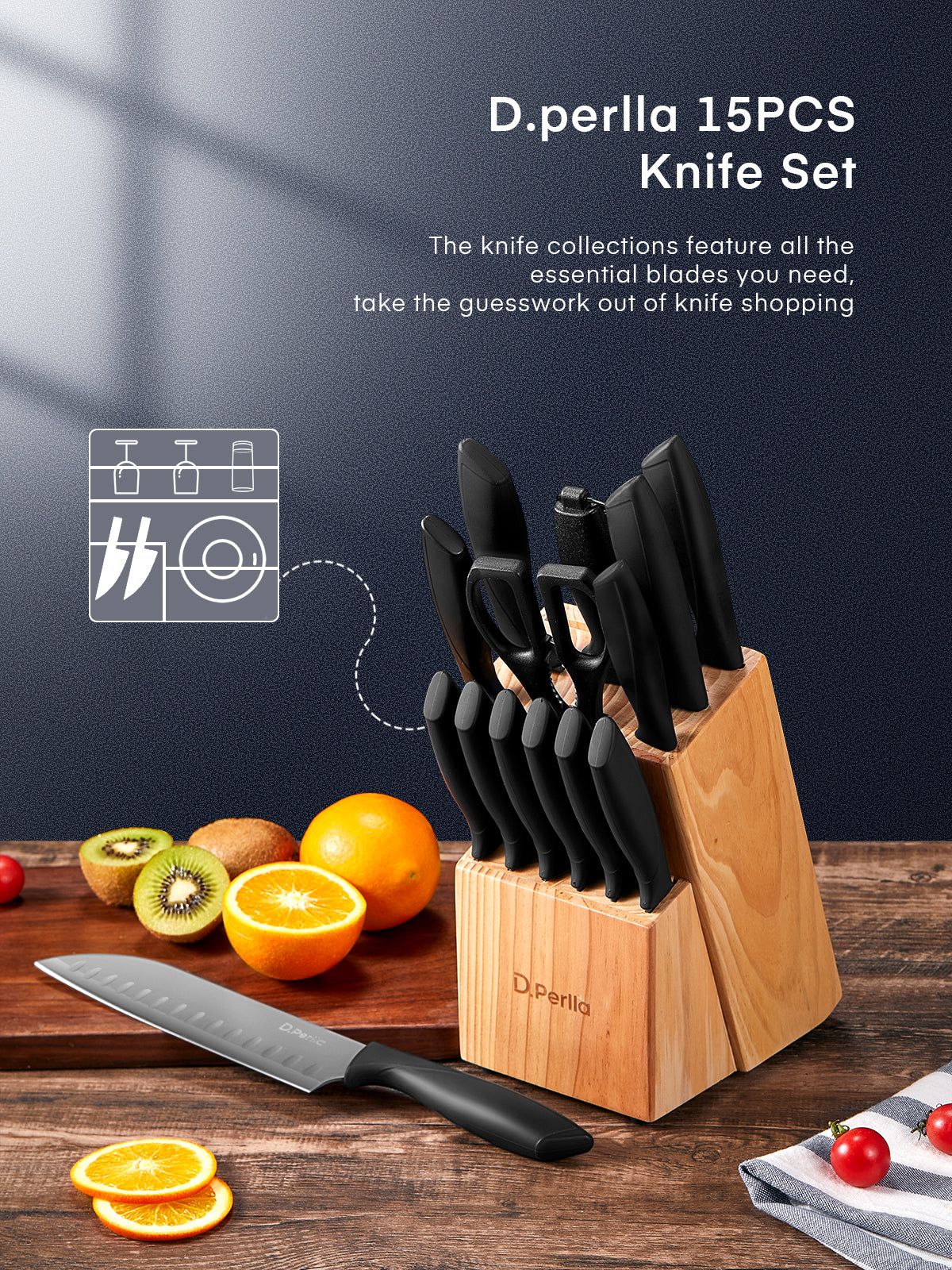 Knife Set with Block, 15 Pieces Stainless Steel Kitchen Knife Set with BO Oxidation Technology, No Rust, Sharp Knife Block Set