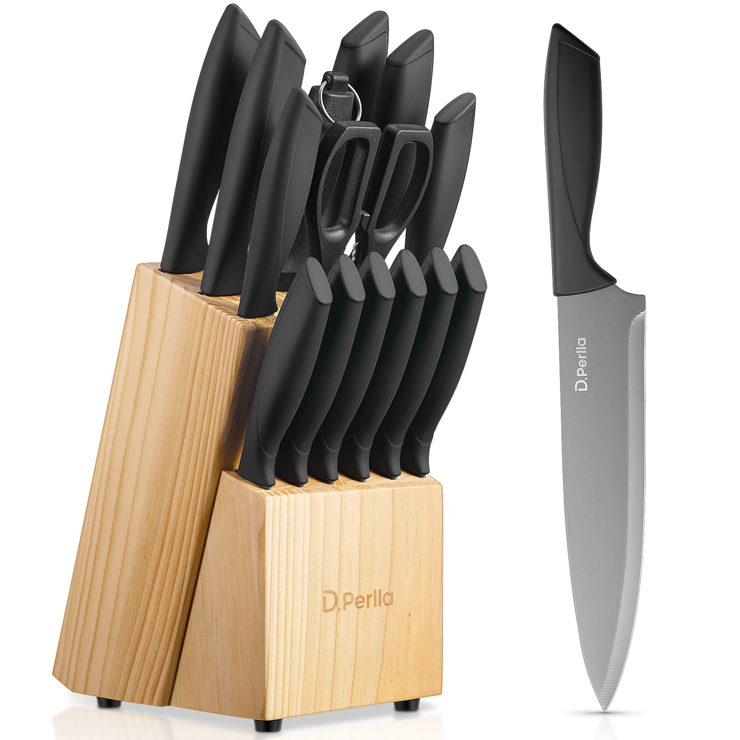 Knife Set with Block, 15 Pieces Stainless Steel Kitchen Knife Set with BO Oxidation Technology, No Rust, Sharp Knife Block Set