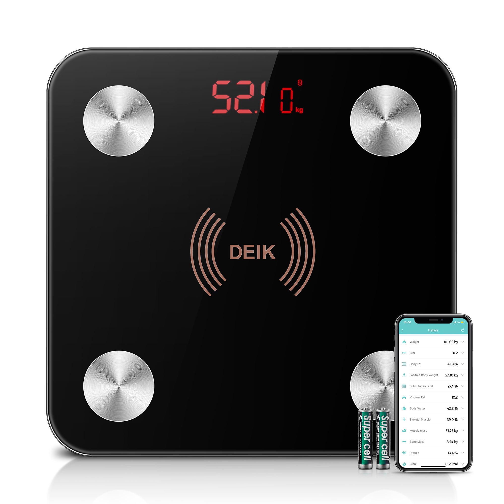 DEIK Smart Digital Body Fat Scale, White Bluetooth Bathroom Scale, with iOS  and Android APP, 180kg/400lb High Precision Measurement, Detects 13 Data