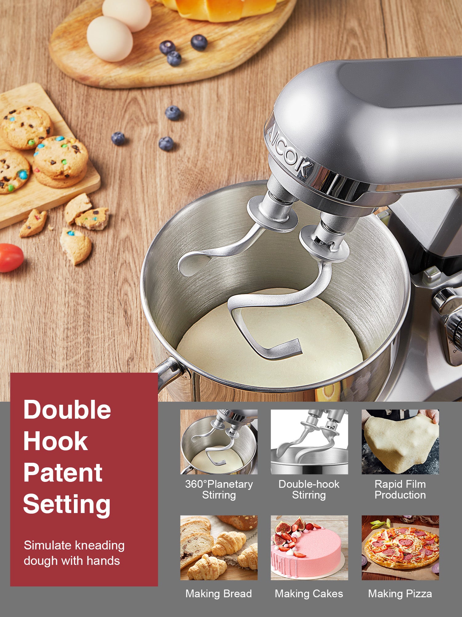 5.5QT Stand Mixer with Double Dough Hook, 6-speed Stainless Steel