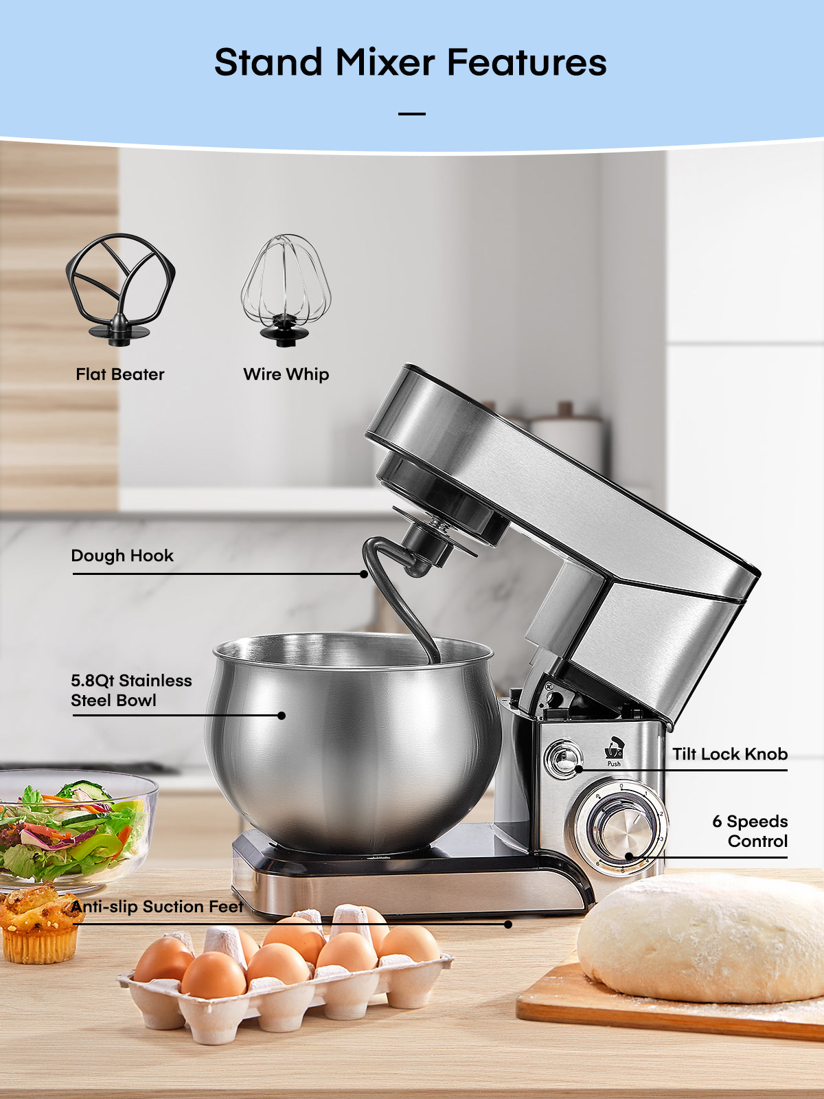 Zell Stand Mixer , 5.8 Qt Stainless Steel Mixer With Dough Hook