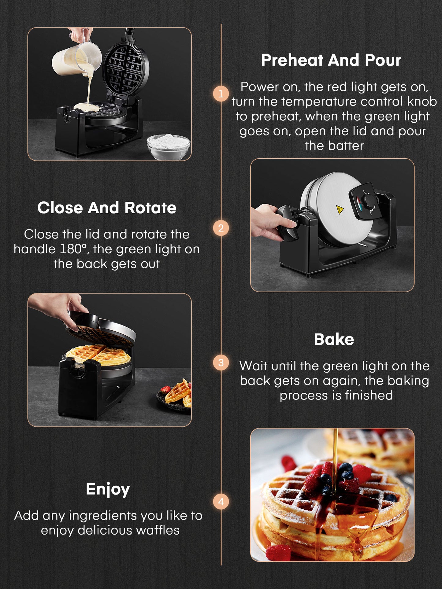 180° Rotating Belgian Waffle Maker, 1100W, Browning Control, Stainless  Steel, New, AICOOK 