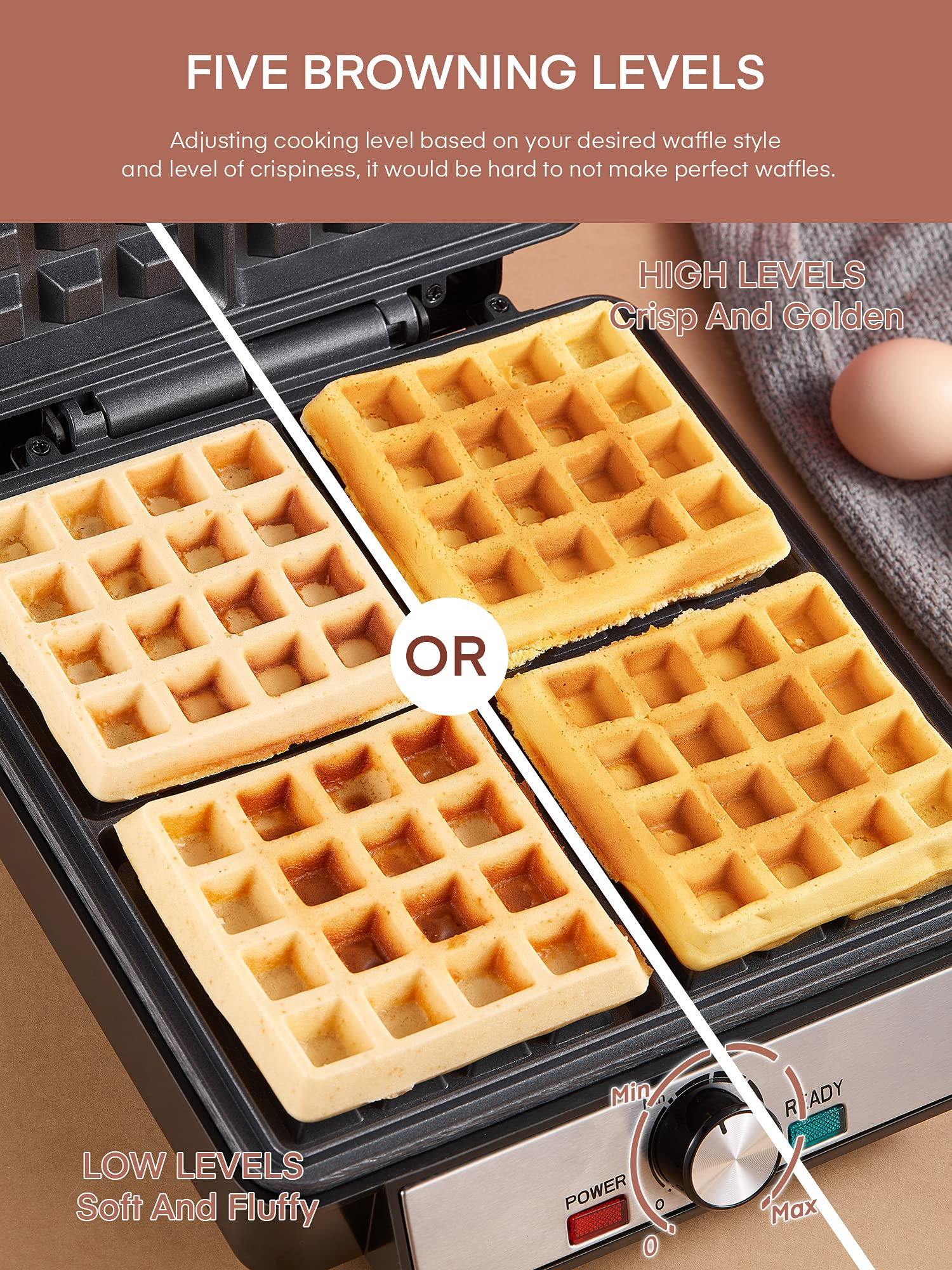 AICOOK 4 Slices Square Belgian Waffle Maker, 1200W, Non-Stick Surfaces