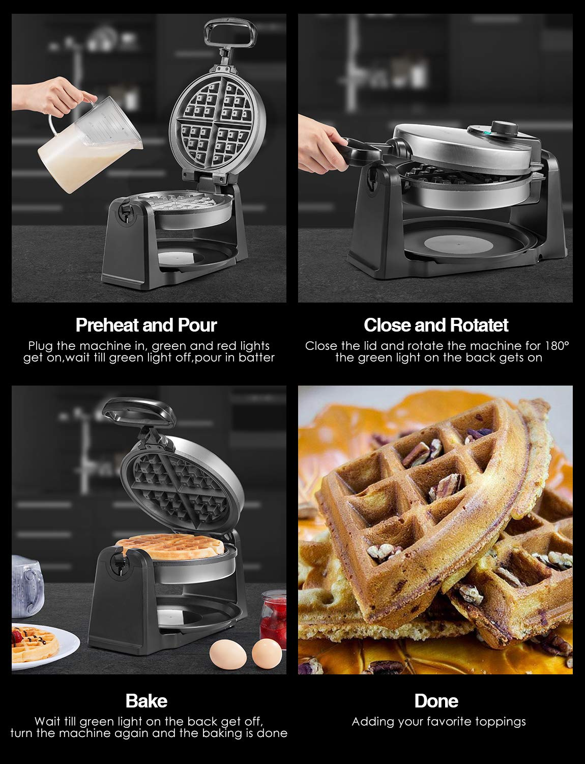 Classic Rotating Belgian Waffle Maker, 180° Flip Waffle Iron for Perfect 1  Thick Waffles, PFOA Free Nonstick Plates & Removable Drip Tray for Easy  Clean Up, 1200W Browning Control, Stainless Steel – AICOOK