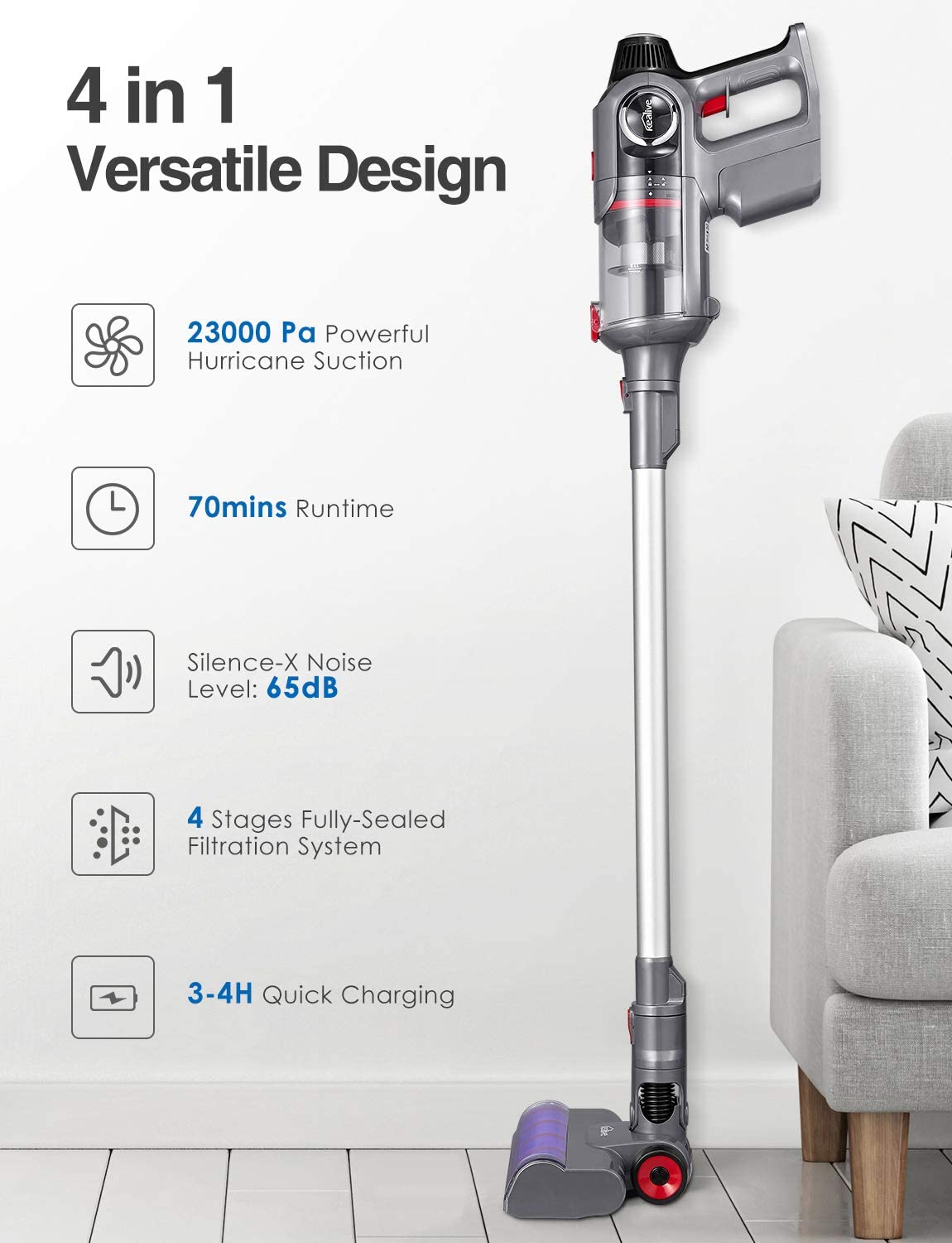 Cordless Vacuum Cleaner, Stick Vacuum 4 in 1, 70 Minutes Runtime