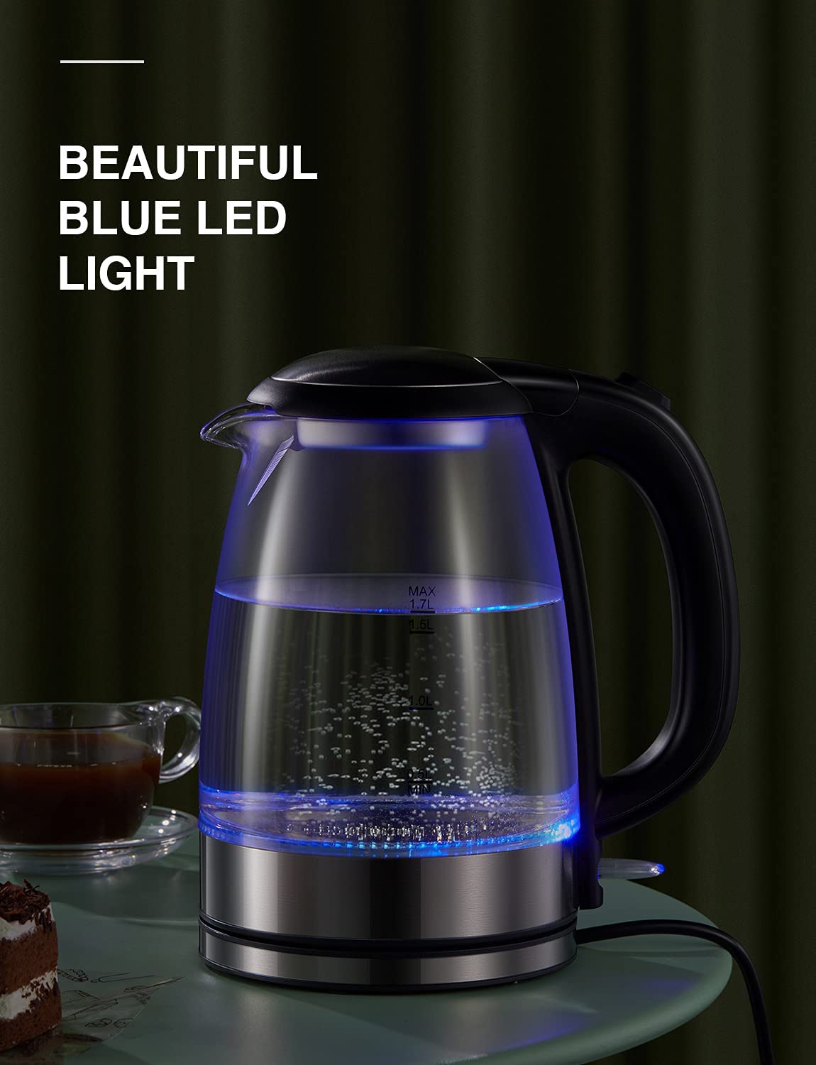 Ovente Lighted Electric Glass Kettle 1.5 L with Blue LED Lights, White Kg845w