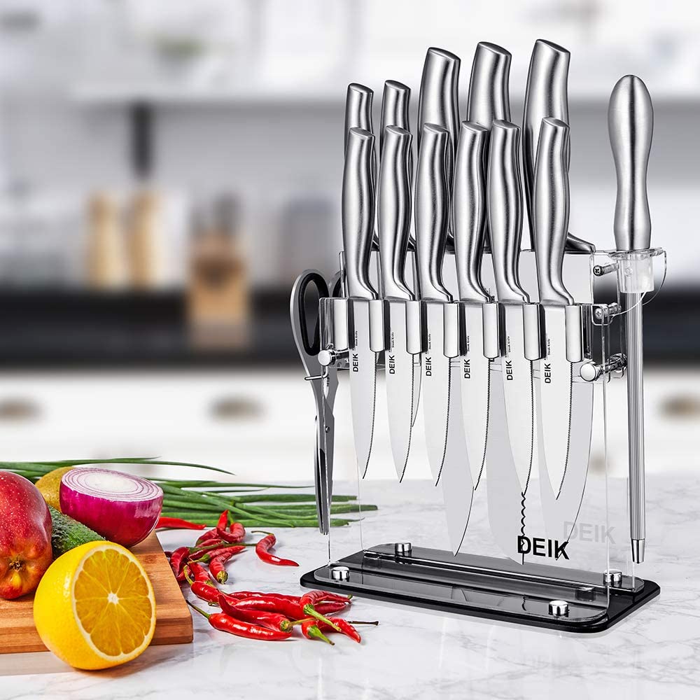 DEIK Knife Set High Carbon Stainless Steel Kitchen Knife Set 14 PCS&17PCS,  Super Sharp Cutlery Knife Set with Acrylic Stand, Silver