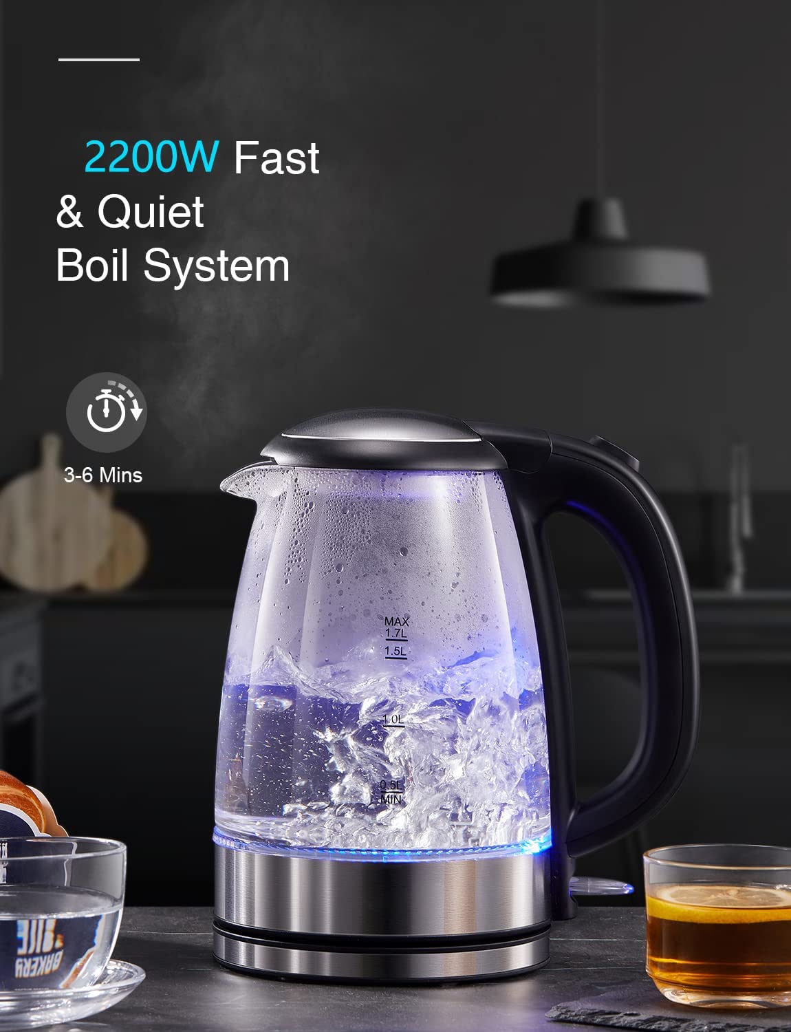 1.7L Cordless Electric Glass Kettle with Auto Shut-Off