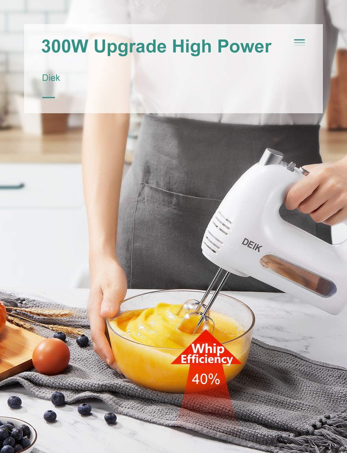Kitchen 5-Speed Hand Mixer Electric 300W Power Mixer Electric Handheld,  Hand Blender Electric With Beaters Dough Hooks, One Button Eject Design