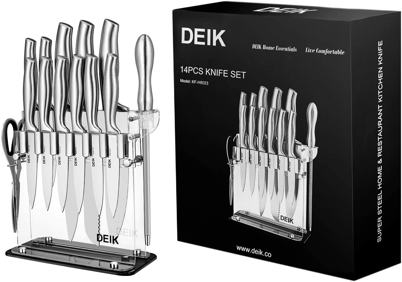 DEIK Knife Set High Carbon Stainless Steel Kitchen Knife Set 14 PCS&17PCS,  Super Sharp Cutlery Knife Set with Acrylic Stand, Silver