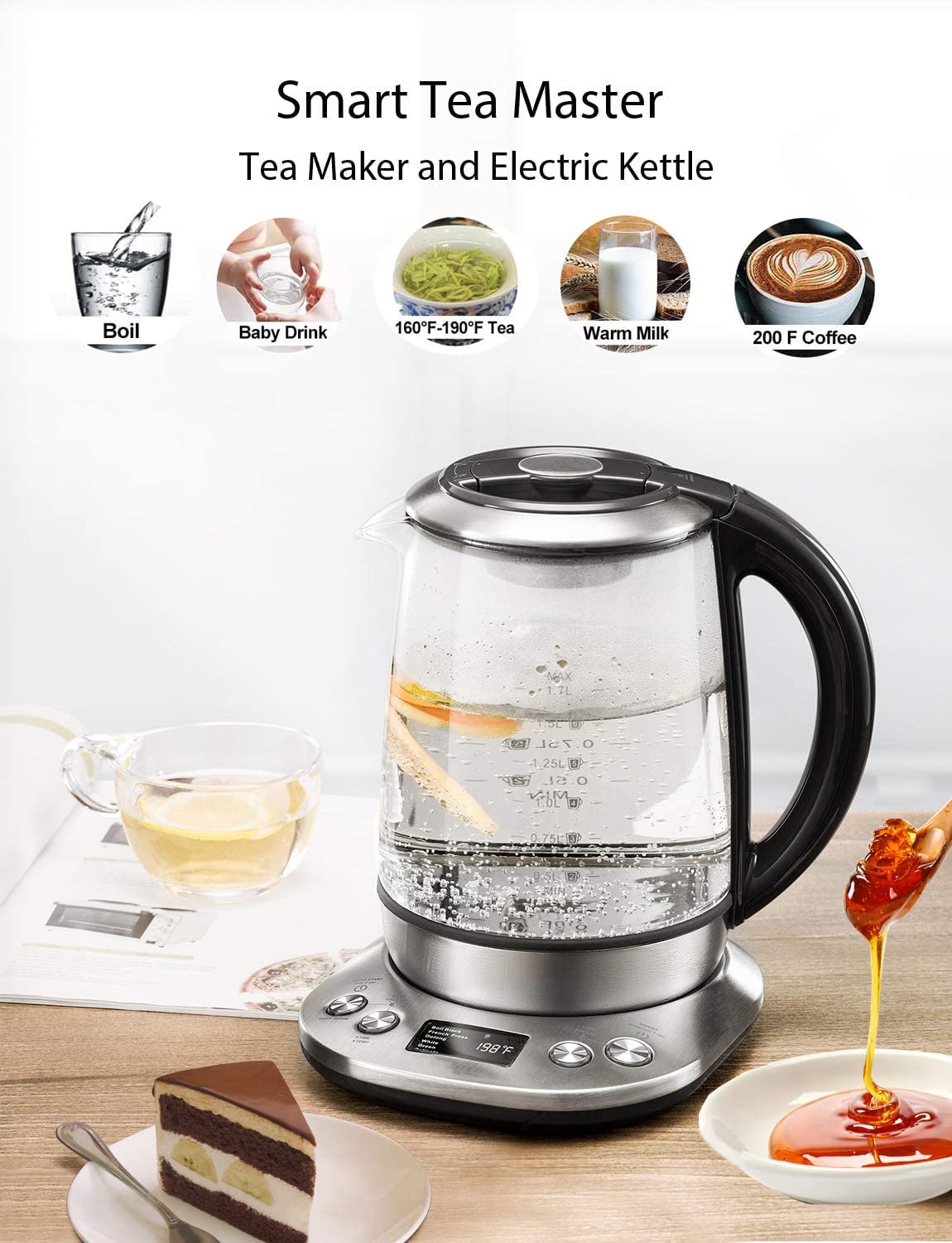 Electric Tea Kettle, 1200W Variable Temperature Smart Tea Maker, Fast Boil  Electric Glass Kettle with 2Hr Keep Warm Function, Premium Stainless Steel,  Boil-Dry Protection, 1.7L – AICOOK