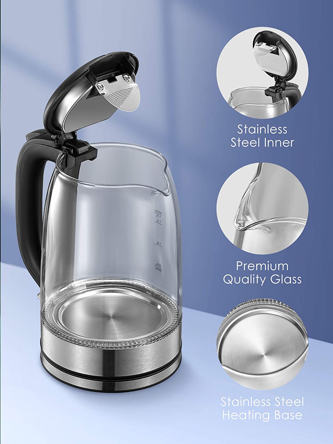 Electric Kettle 1.7L Glass Kettle with LED Indicator Lights, Fast