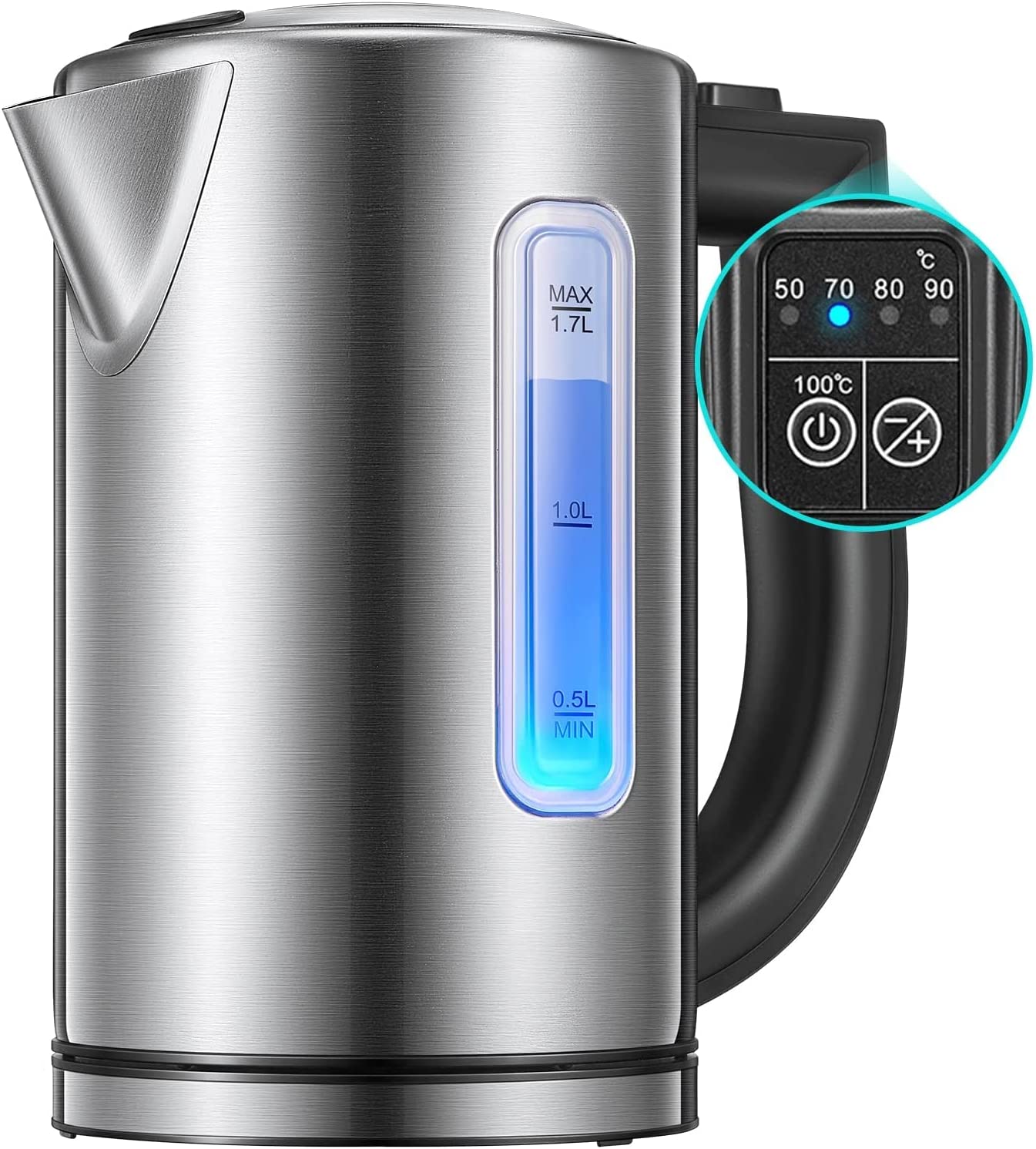 Electric Kettle Temperature Control with Color Changing LED Indicator,Kettle with Auto Shut - Off Protection, Stainless Steel, 1.7L, Easy View windows