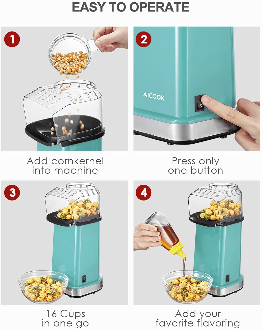 Aoibox 1,100-Watt 64 Oz. Sea Green Hot Air Popcorn Machine Hot Air