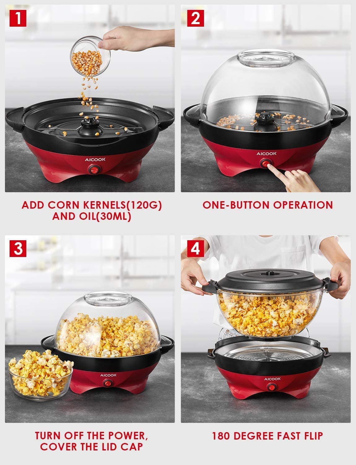 AICOOK Hot Air Popcorn Popper, 1400W, Aqua and red, Popcorn Maker With