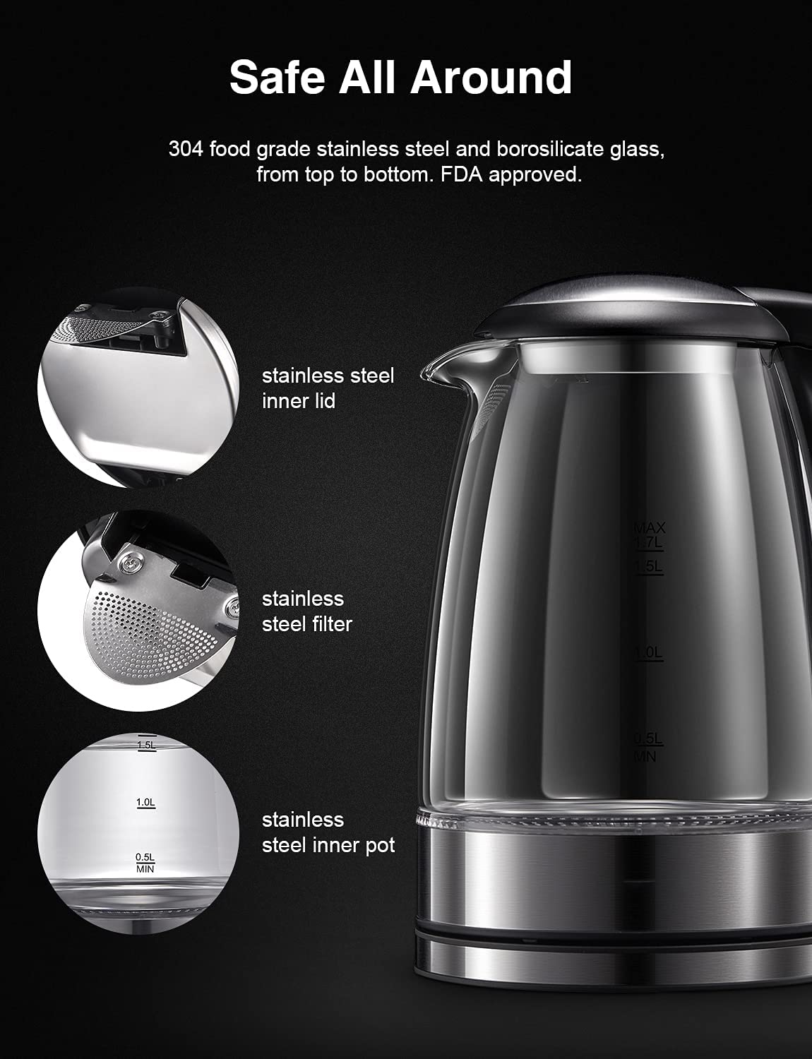  Stainless Steel Electric Water Kettle 1.7 Liter, Fast Heating  with Auto Shut-Off and Boil-Dry Protection, Cordless, LED Light Indicator,  Black: Home & Kitchen