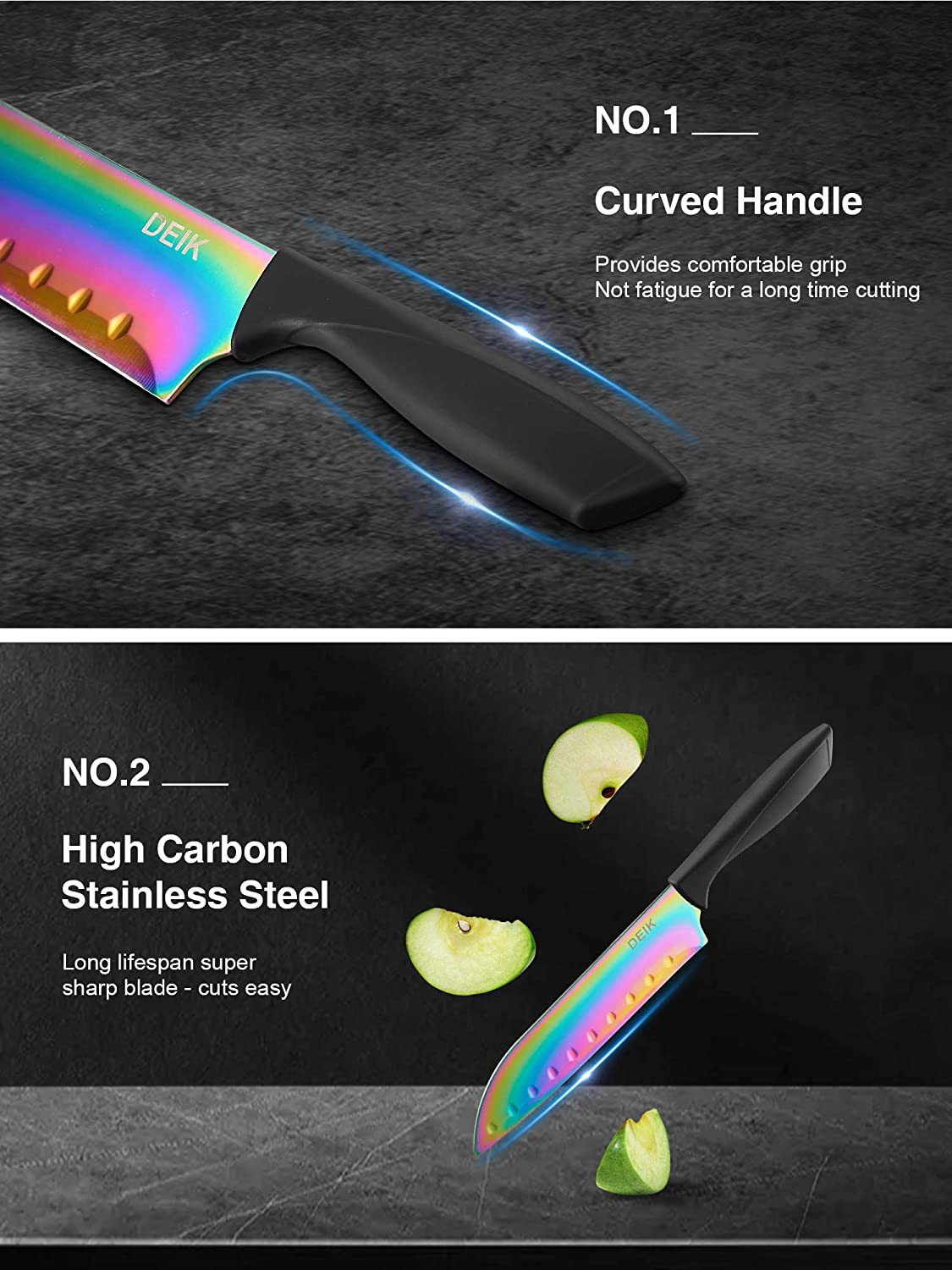 Knife Set, 16 Pieces Rainbow Titanium Coating Cutlery Set No Rust Knife Block with Serrated Steak Knives