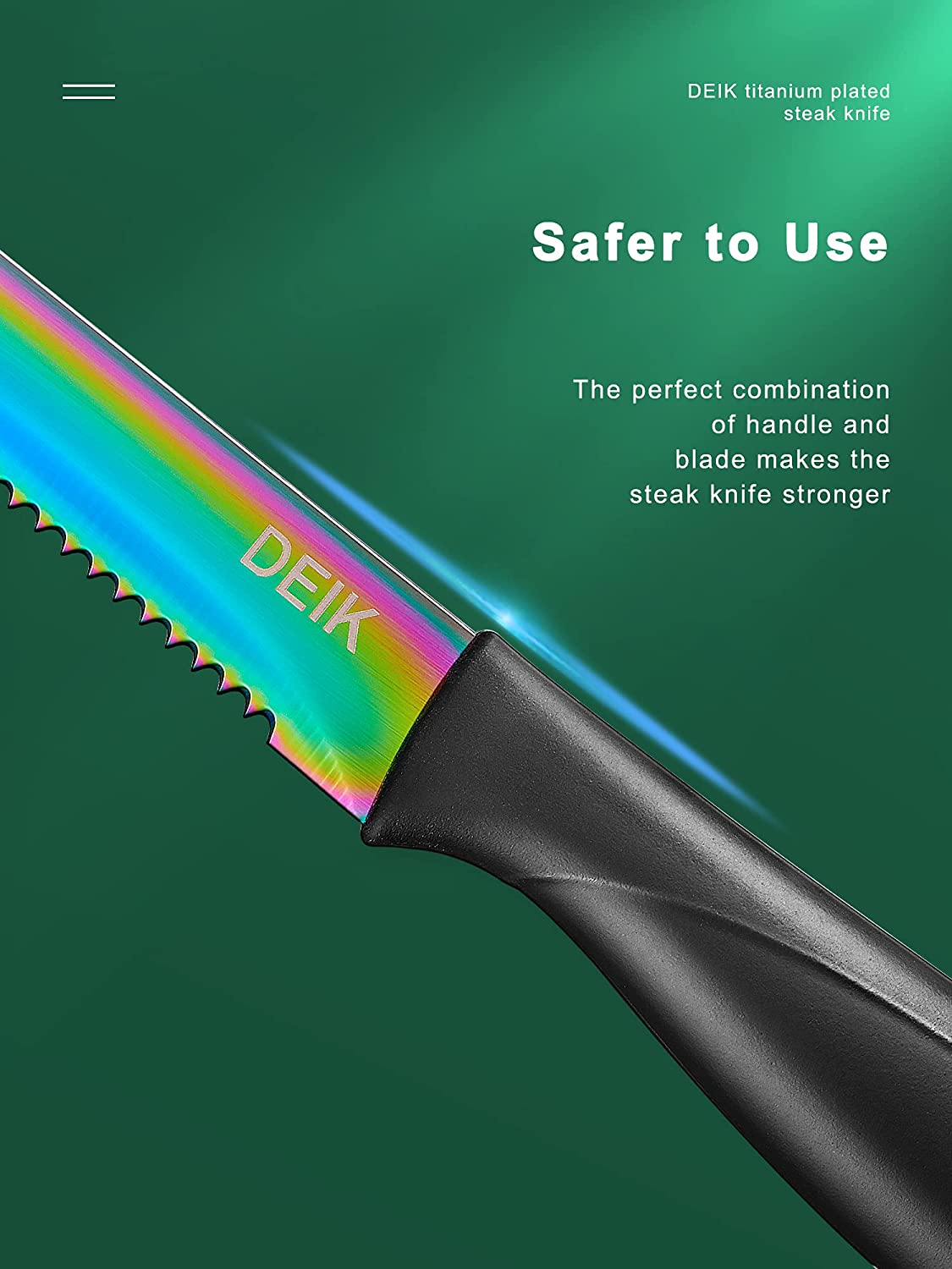 Deik Serrated Steak Knives, Stainless Steel Steak Knife Set of 8, Rainbow Titanium Color