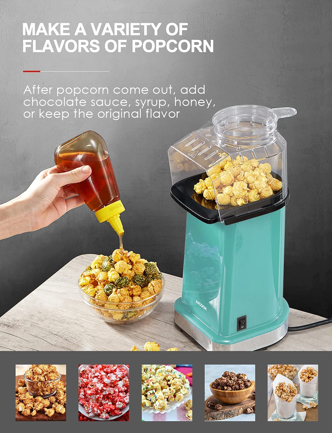 AICOOK Bowl Popcorn Machine, 24-Cup Fast Heat-up, Dishwasher Safe