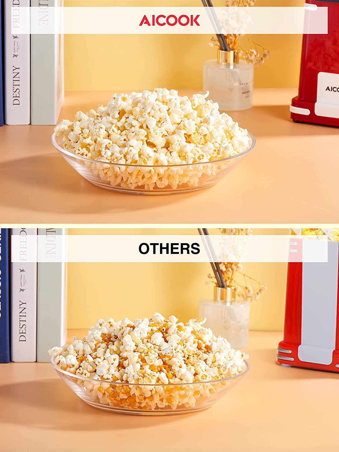 AICOOK Hot Air Popcorn Popper, 1400W, Popcorn Maker With Measuring Cup
