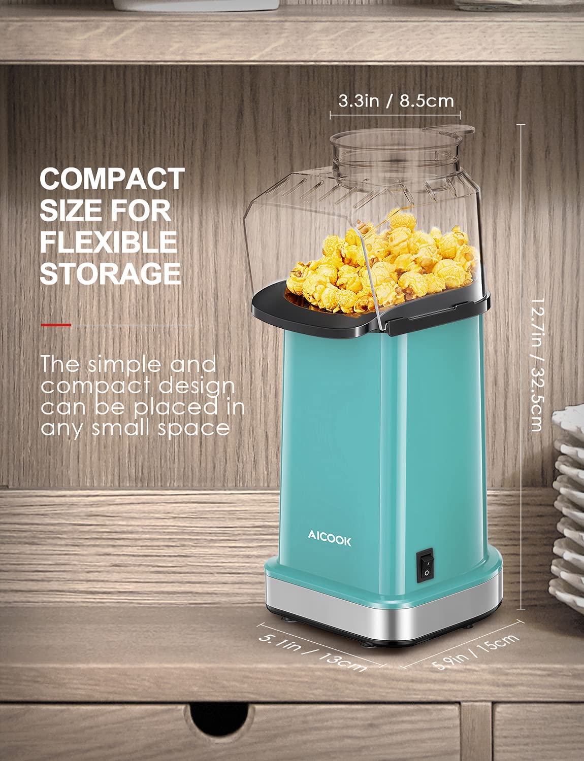 MF Studio Hot Air Popcorn Popper, No Oil Popcorn Maker with Measuring Cup and Removable Lid