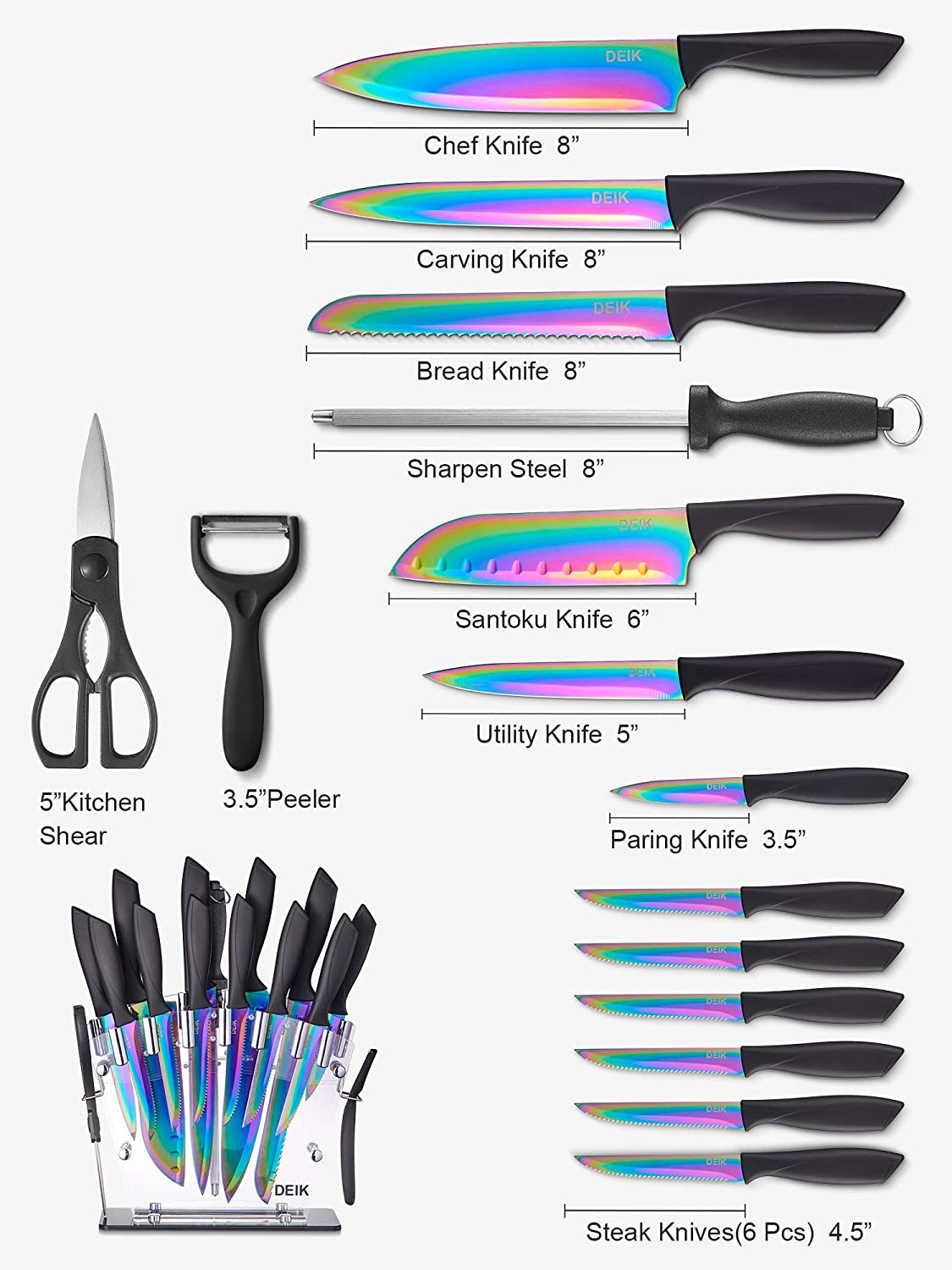 Deik Steak Knives 8pc Rainbow Titanium Stainless Steel Serrated