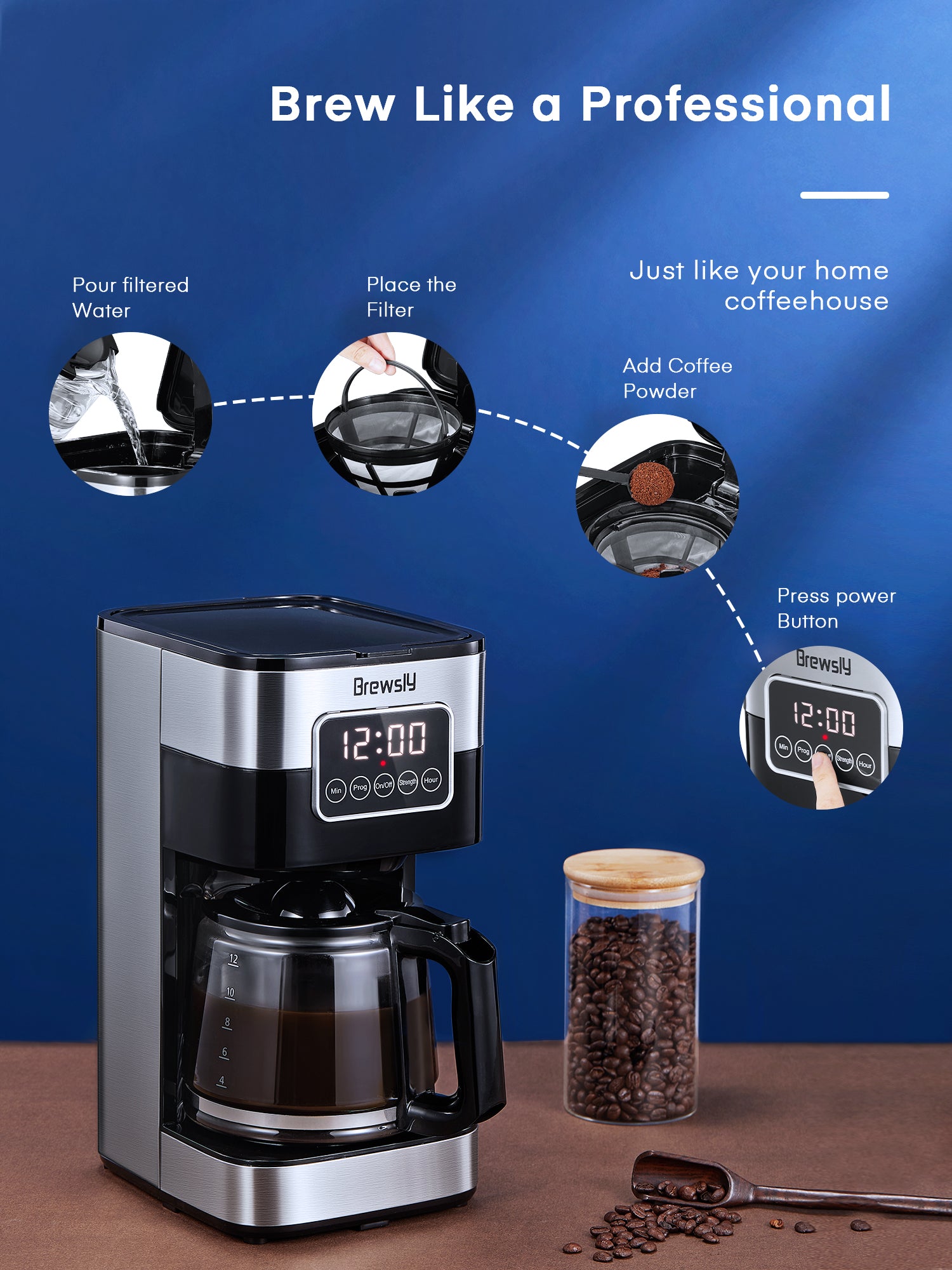 Drip Coffee Maker With Timer Strength Control and Coffee Pot