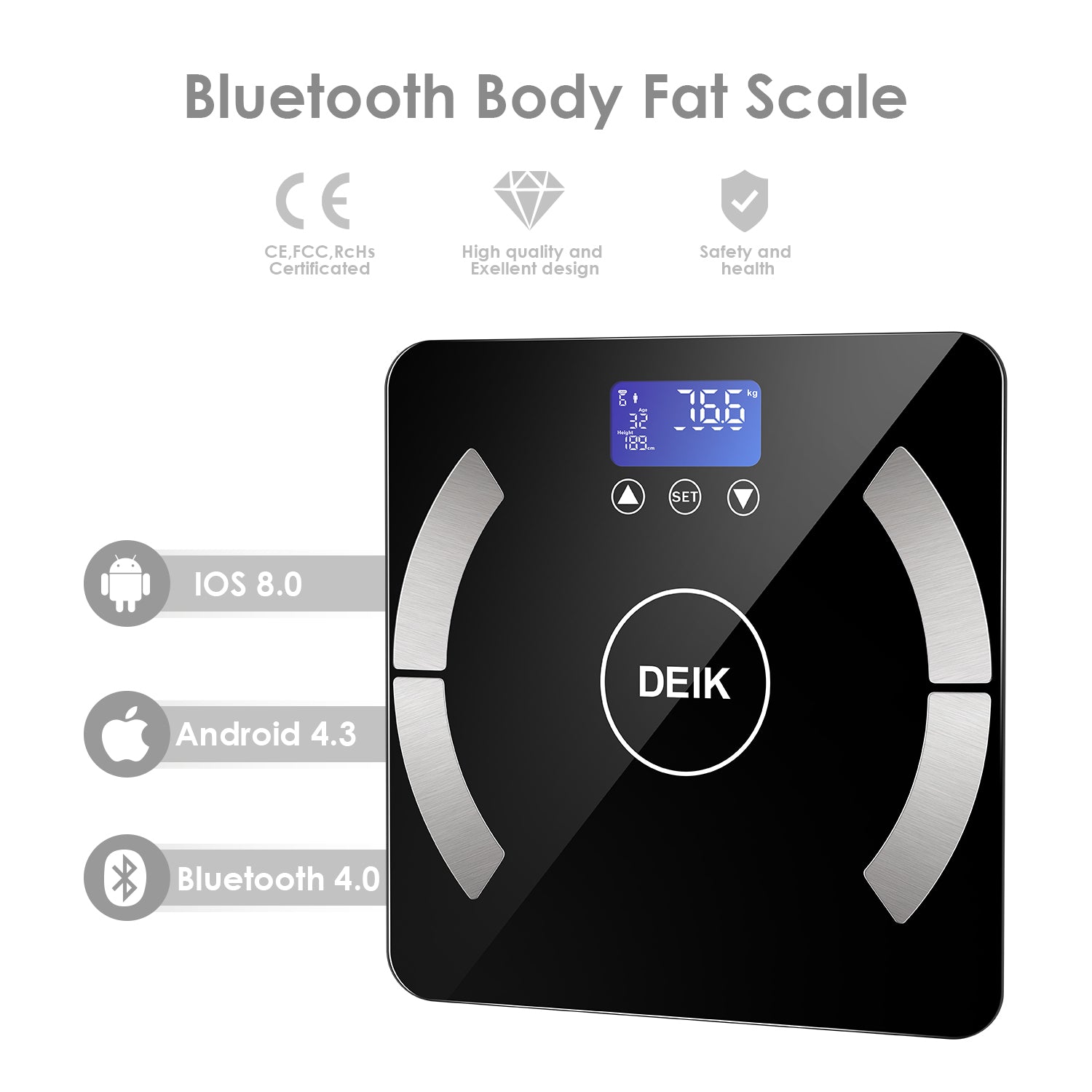 DEIK Smart Digital Body Fat Scale, White Bluetooth Bathroom Scale, with iOS  and Android APP, 180kg/400lb High Precision Measurement, Detects 13 Data