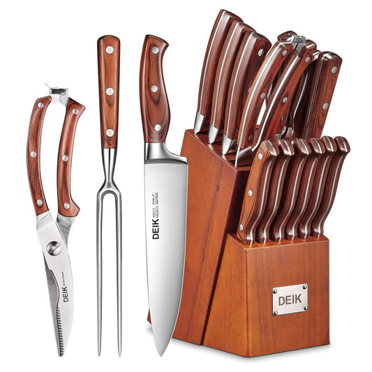 Deik Knife Set, German Stainless Steel Knife Block Set Forged Triple Rivet Cutlery Block Set, Black