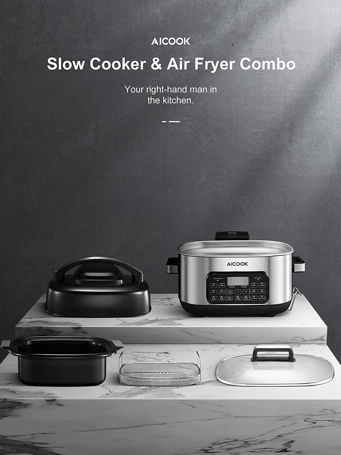 6.5qt Slow Cooker Air Fryer Combo, 12-in-1 Multicooker Programmable, A –  AICOOK