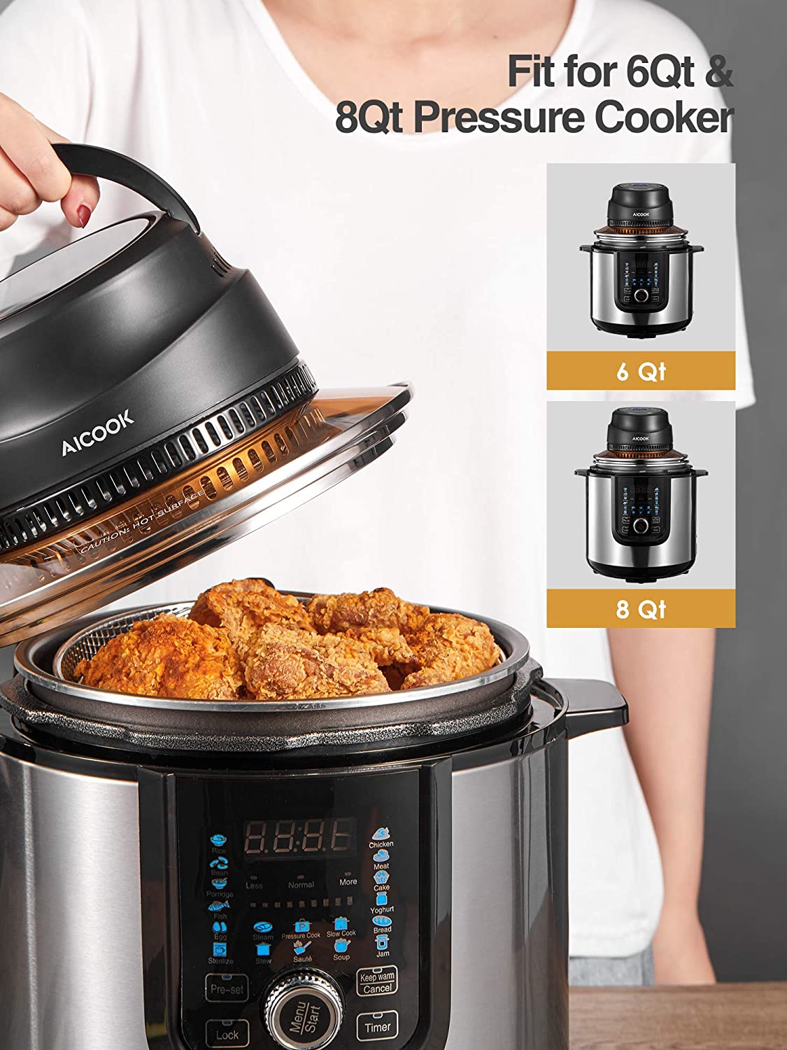 AICOOK 6&8qt Air Fryer Lid for Instant Pot, 1000W, 7 in 1 Air Fryer Lid  with LED Touchscreen, Accessories & Cookbook Included