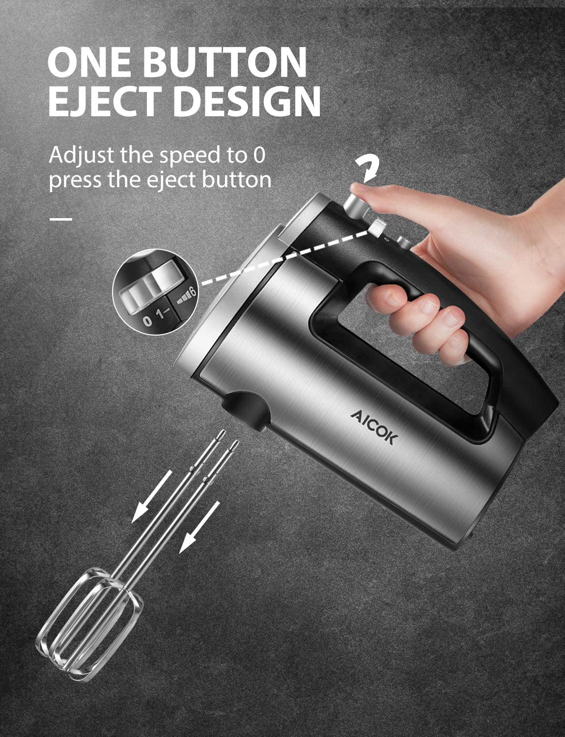 Electric Hand Mixer, One Button Eject Design, 6 Speeds, Lightweight,  Non-slip Handle – AICOOK