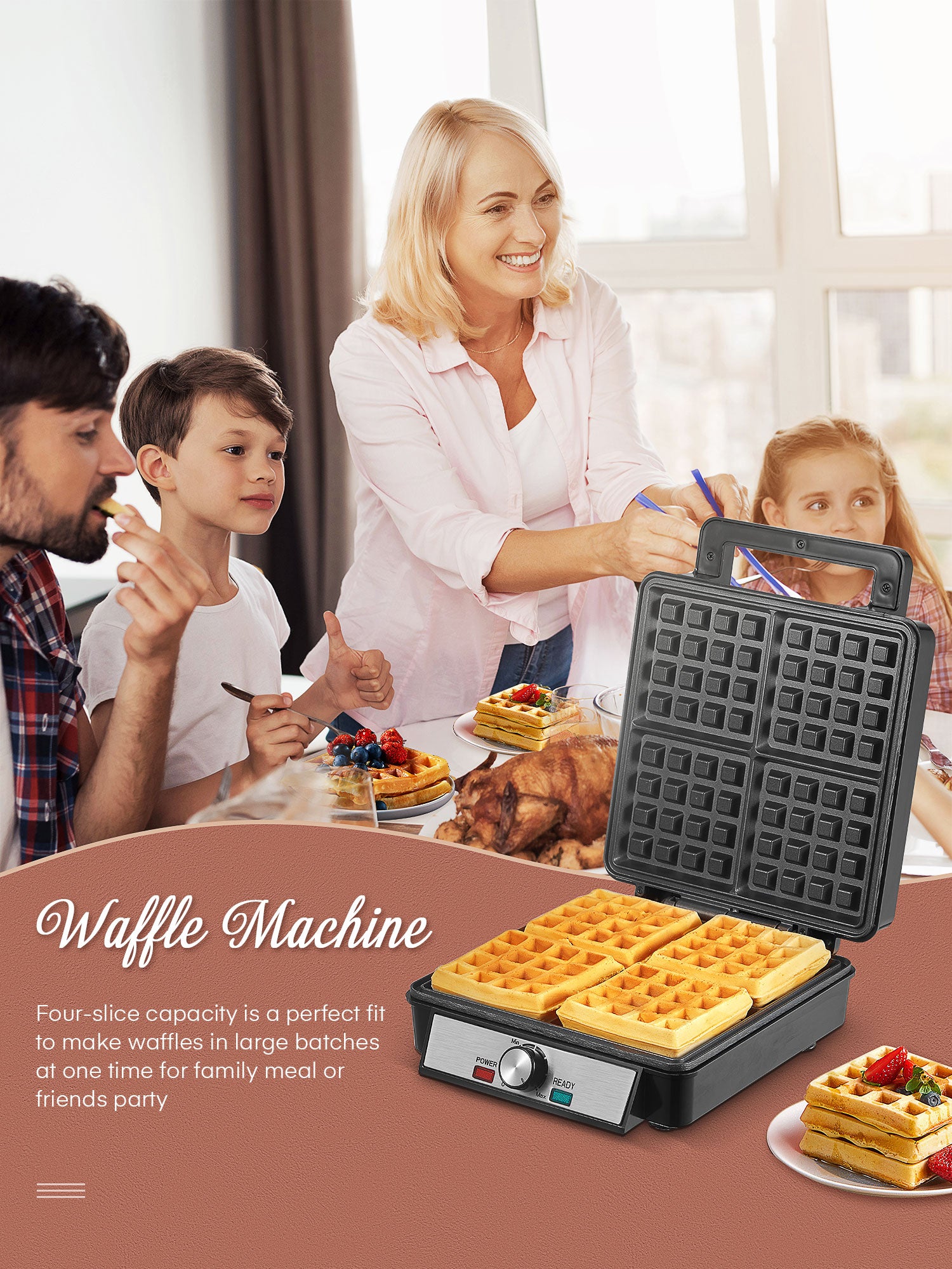 AICOOK 4 Slices Square Belgian Waffle Maker, 1200W, Non-Stick Surfaces