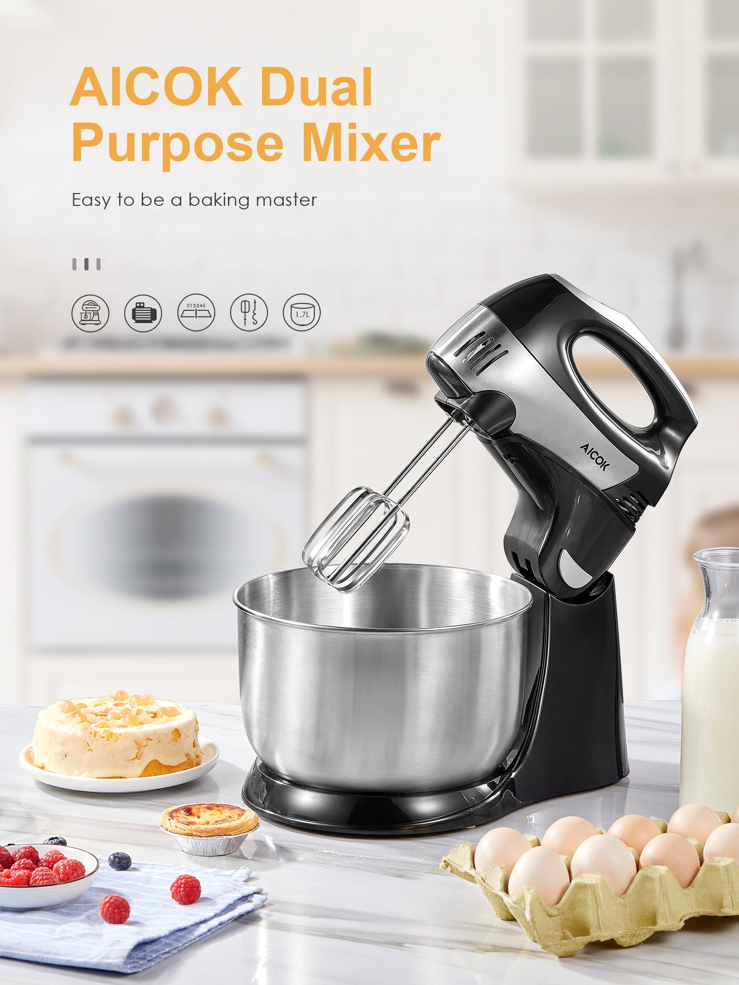 Hand mixer with stand clearance and bowl