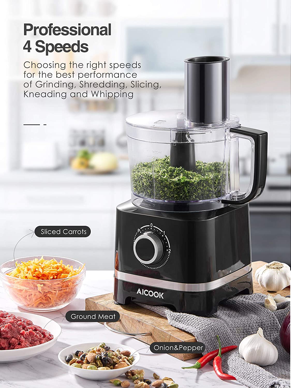 AICOOK 16 Functions Food Processor, 700W, 12-Cup Food Chopper with 4 S