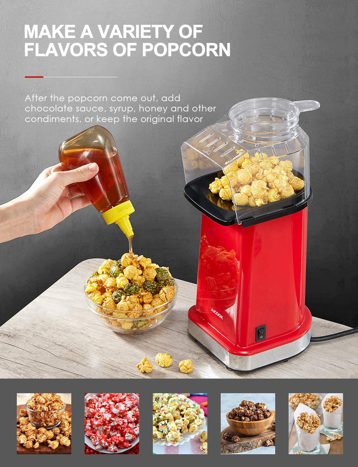 AICOOK Hot Air Popcorn Popper, 1400W, Popcorn Maker With Measuring Cup
