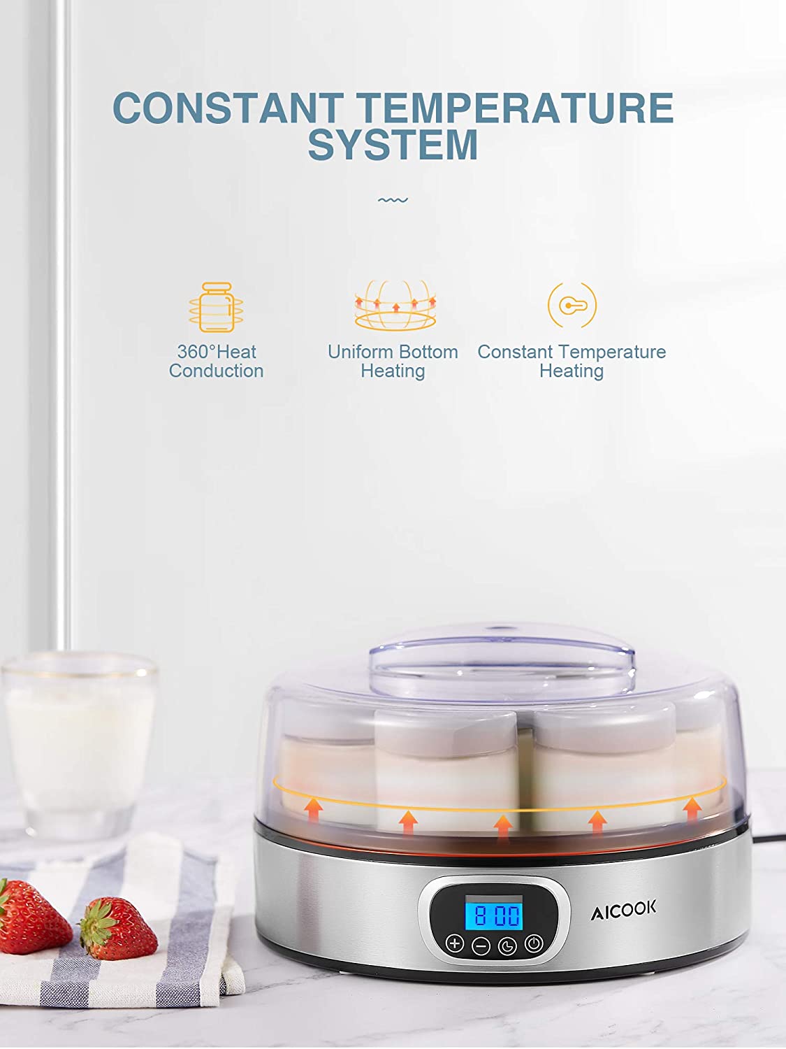  Yogurt Maker Automatic Digital Yoghurt Maker Machine with 8  Glass Jars 48 Ozs (6Oz Each Jar) LCD Display with Constant Temperature  Control Stainless Steel Design for Home Use: Home & Kitchen